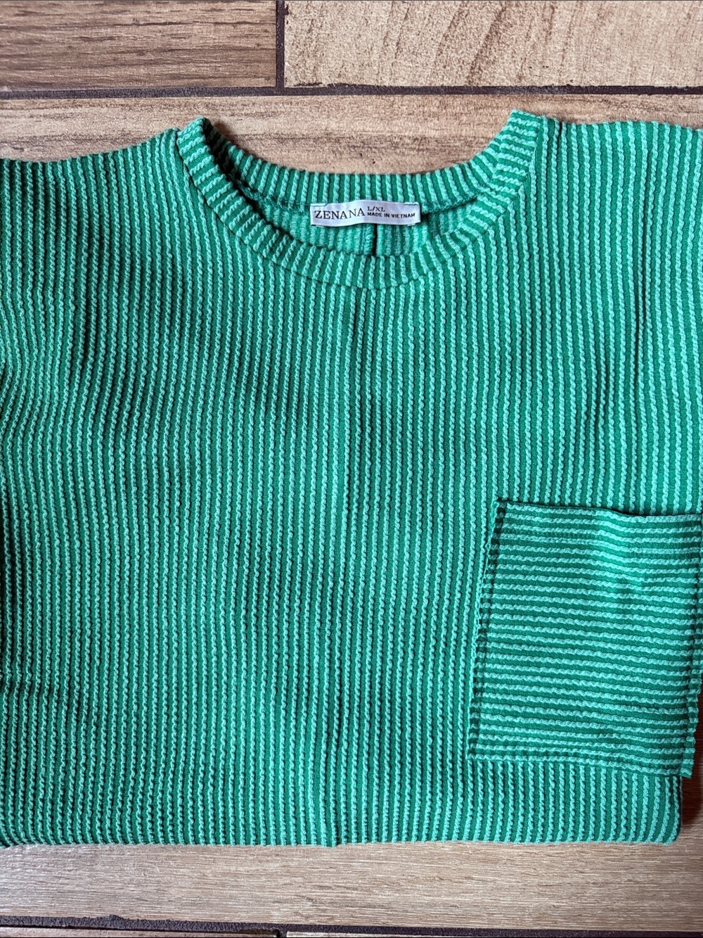 Zenana Outfitters Green Ribbed Crewneck shirt with Pocket